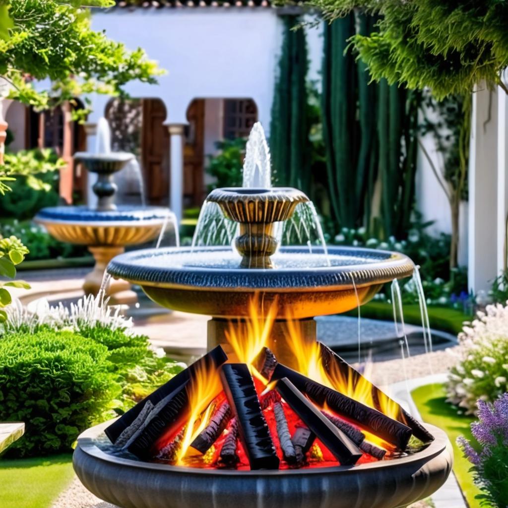 Garden with fountain and fire