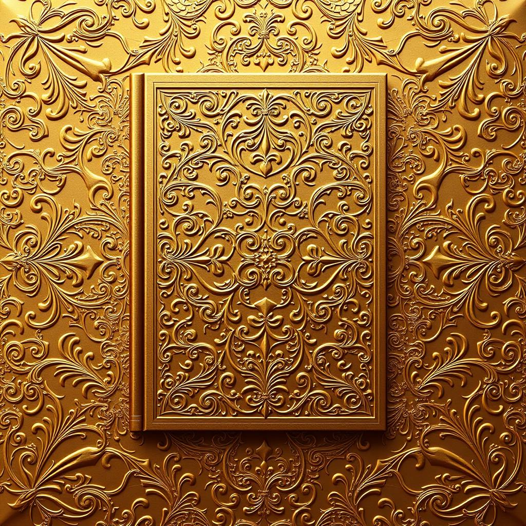 A stunning book cover design featuring an opulent embossed golden background that radiates luxury and grandeur