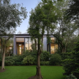 A modern house with a spacious, comfortable yard filled with a variety of trees.