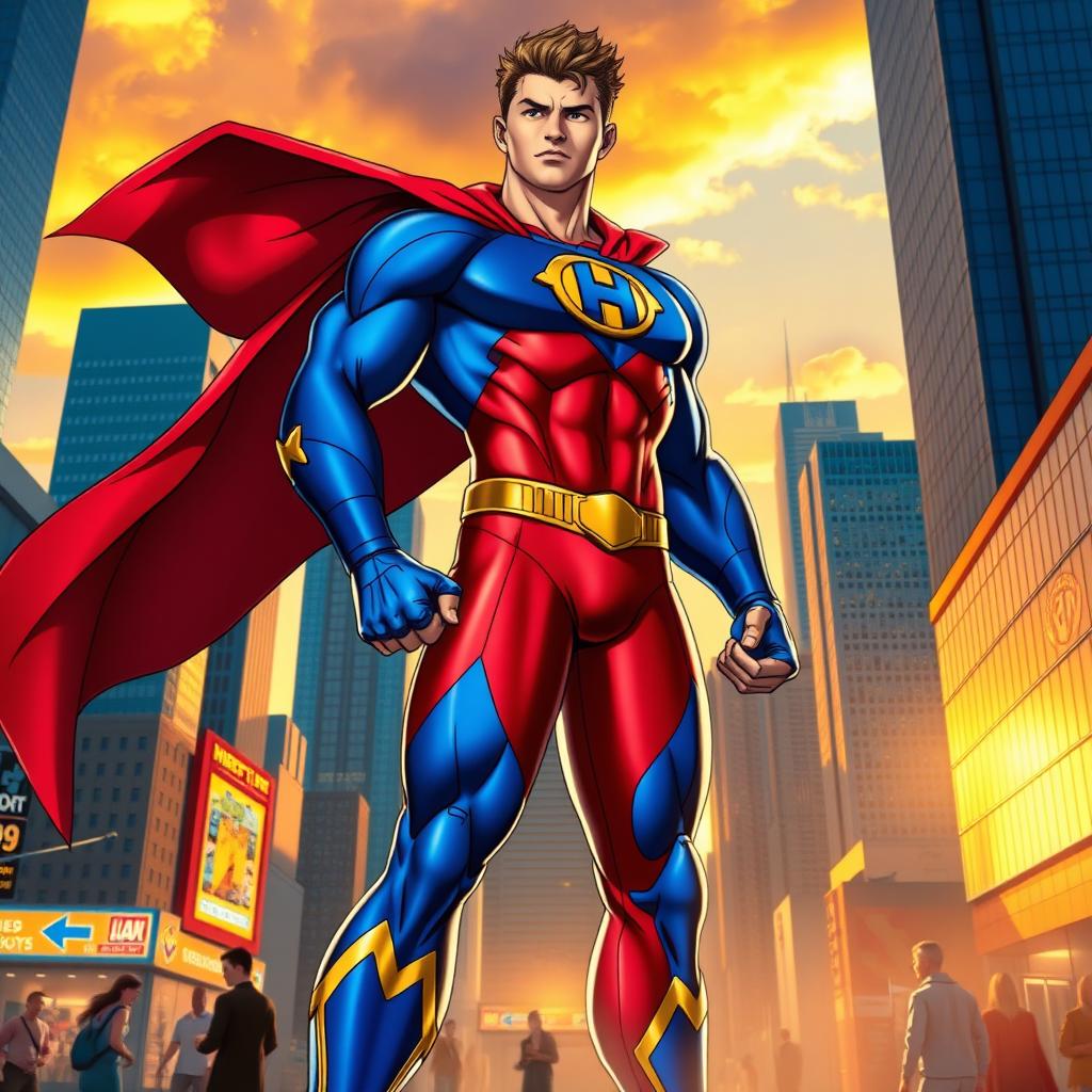 A dynamic superhero character standing tall amidst a bustling cityscape, wearing a sleek, modern superhero costume that combines elements of traditional comic book design with contemporary styles