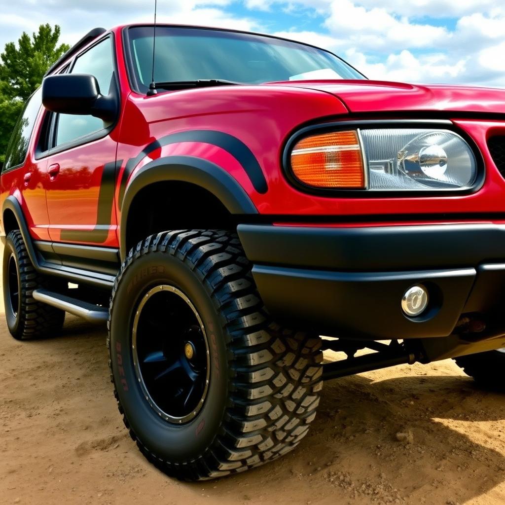 A red 2000 Ford Explorer with sleek black stripes