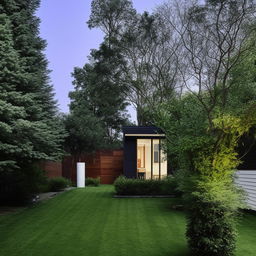 A modern house with a spacious, comfortable yard filled with a variety of trees.