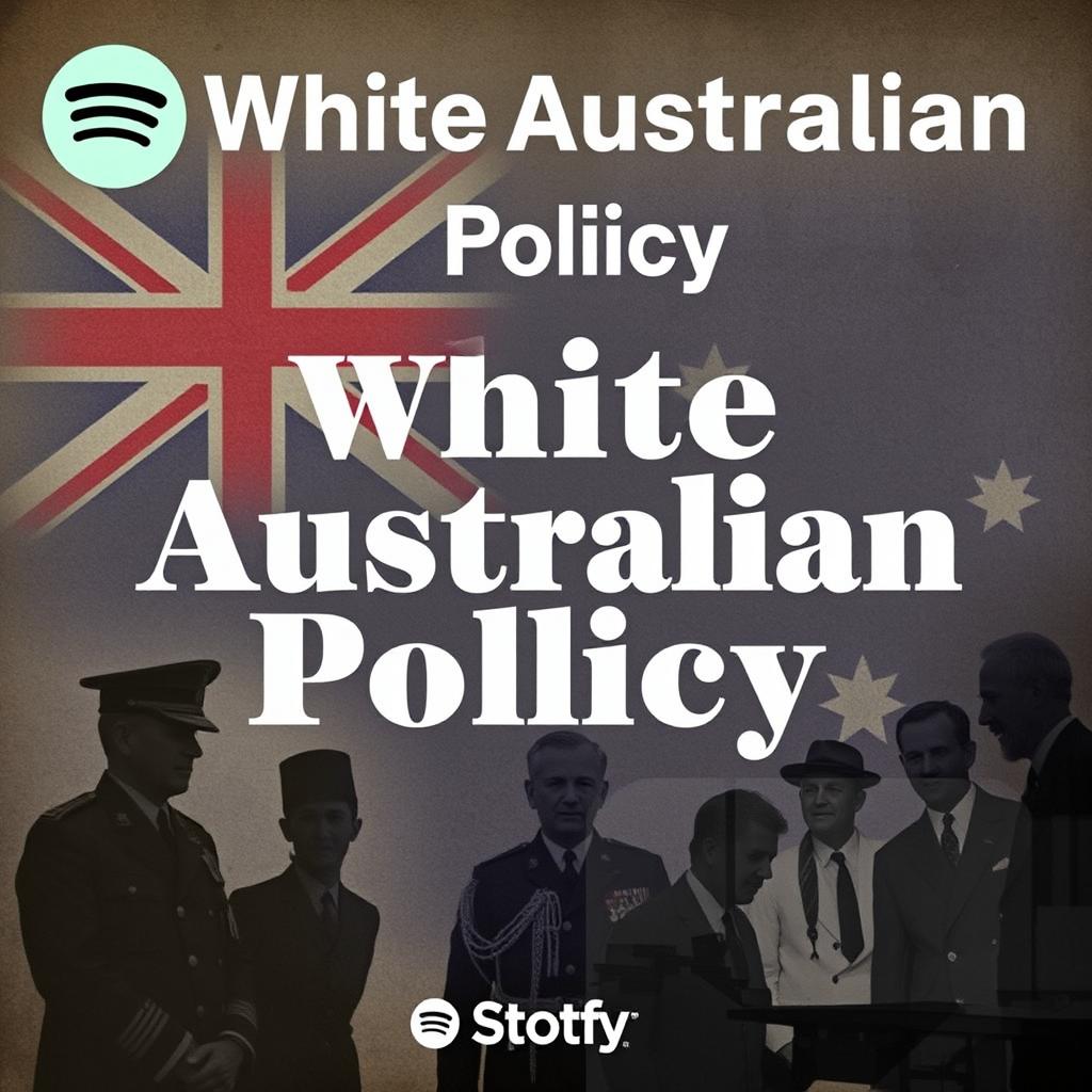 A podcast cover for Spotify titled 'White Australian Policy', designed with an educational and critical tone