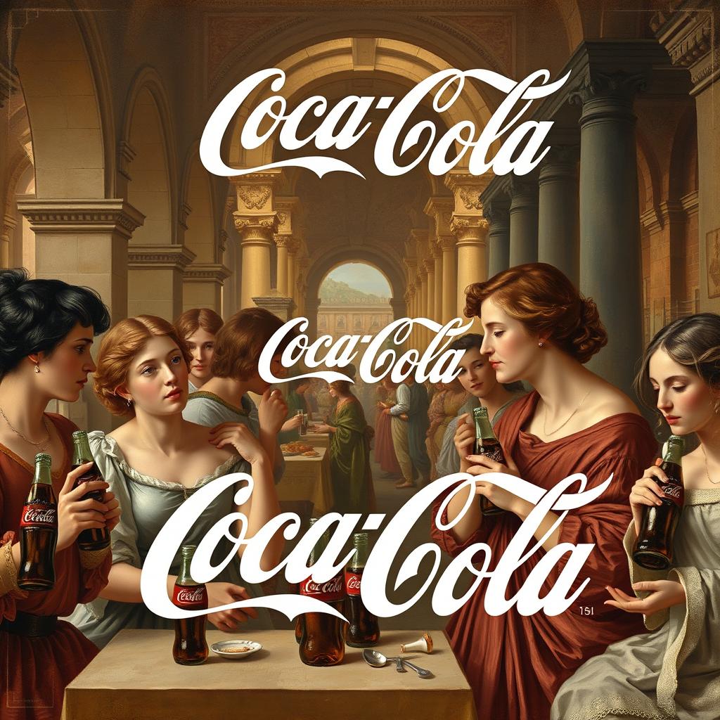 A Coca-Cola advertisement designed in the style of Leonardo da Vinci, featuring classical Renaissance elements