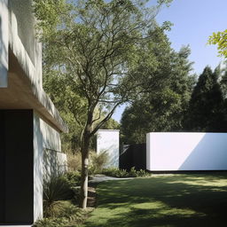 A modern house with a spacious, comfortable yard filled with a variety of trees.