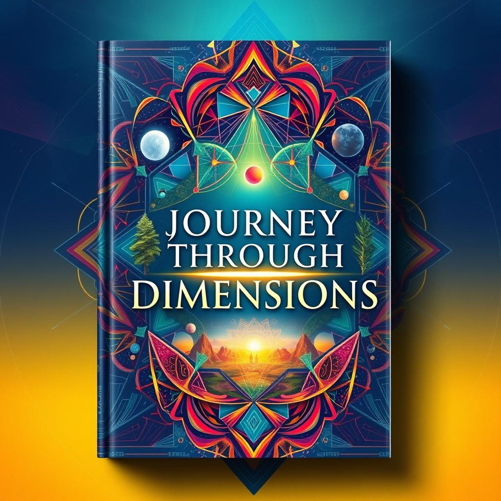 A stunning book cover design featuring an abstract and intricate geometric pattern in vibrant colors, blending futuristic elements with a touch of nature