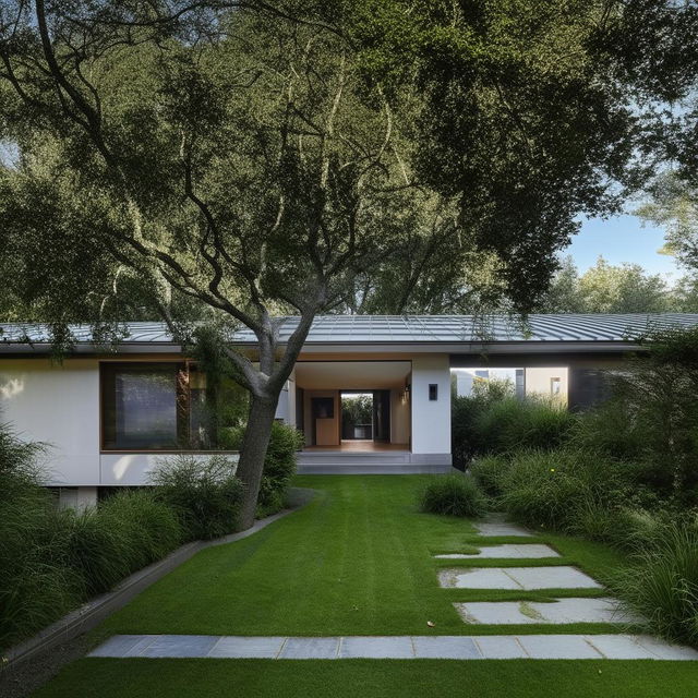 A modern house with a spacious, comfortable yard filled with a variety of trees.