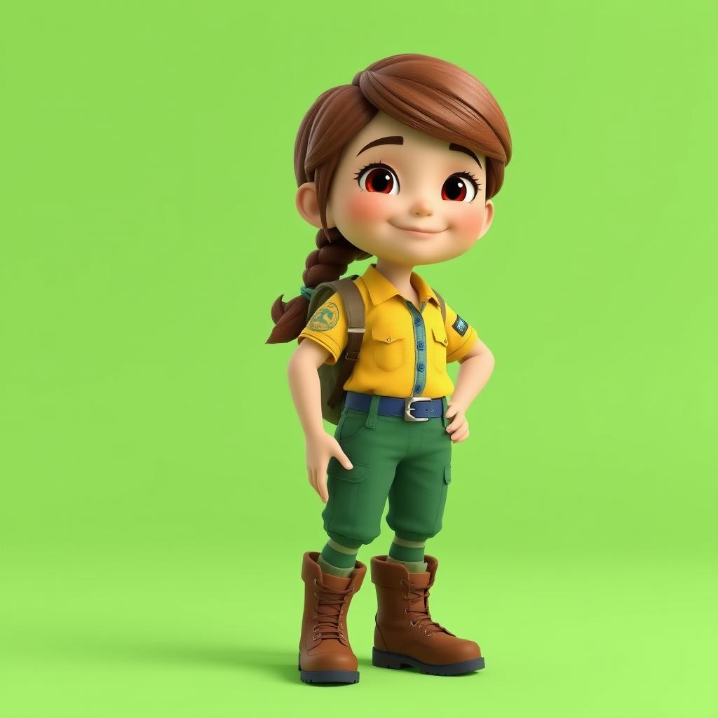 A full-body 3D illustration of a cheerful young girl explorer in a cartoon style, standing in front of a bright solid green background