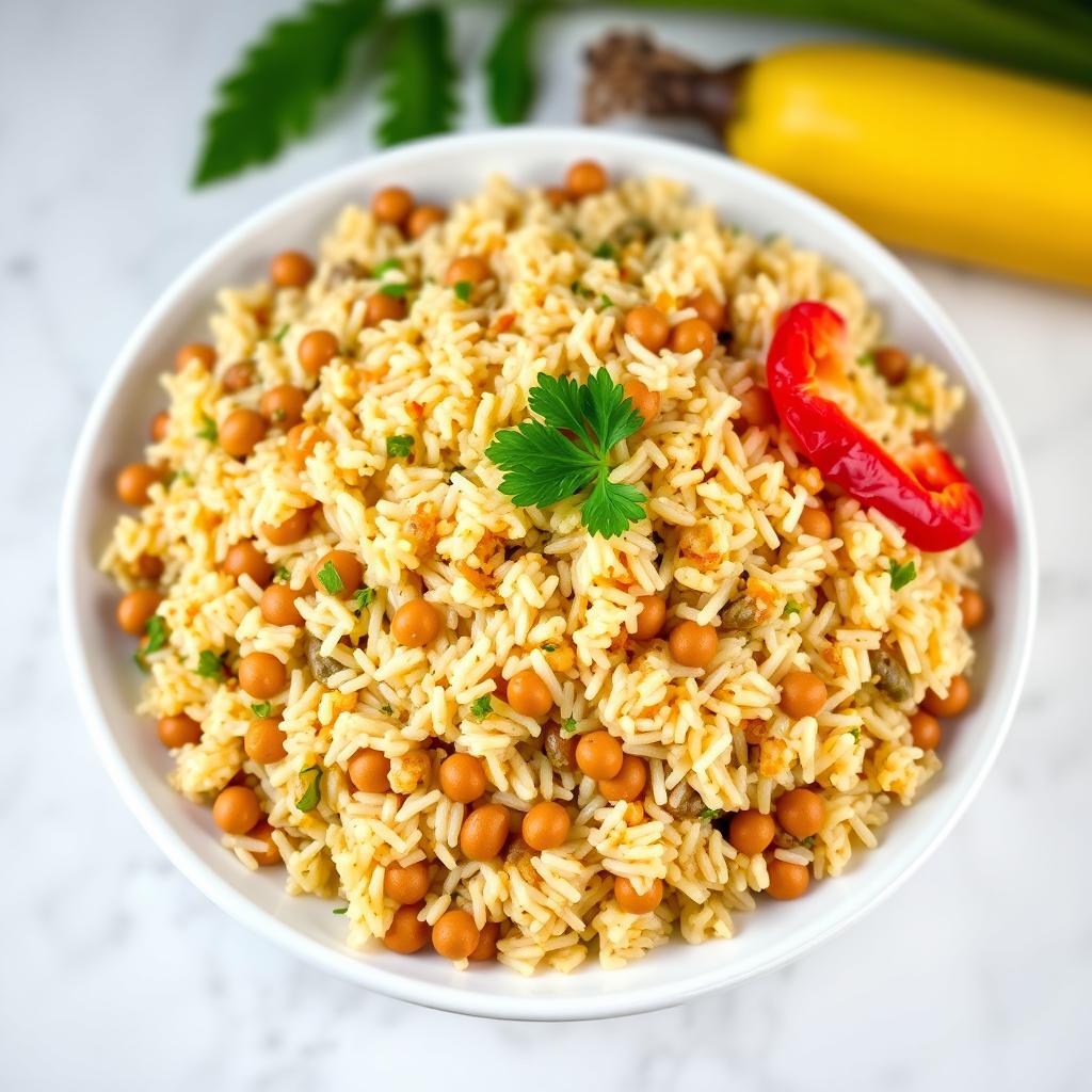 A vibrant image of a complete serving of Moro de Guandules (pigeon peas rice) beautifully presented on a circular white plate