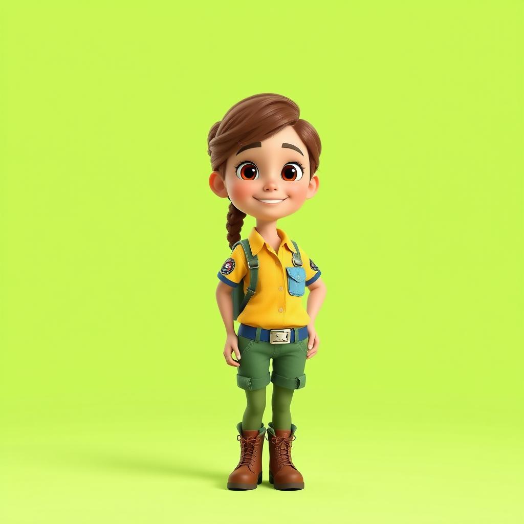 A full-body 3D illustration of a cheerful young girl explorer in a cartoon style, standing in front of a bright solid green background