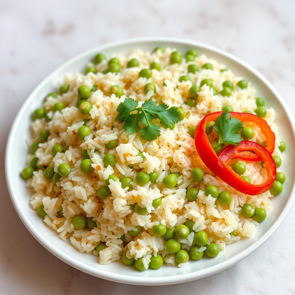 A vibrant image of a complete serving of Moro de Gandules Verdes (green pigeon peas rice) beautifully presented on a circular white plate