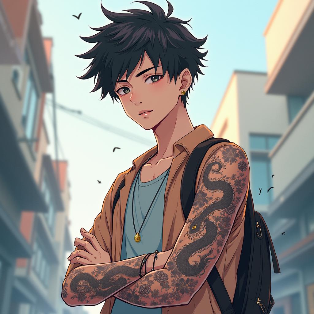 A character featuring a half-body view of a young man with a Yakuza tattoo prominently displayed on his arm