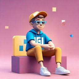 Create a compelling 3D illustration of a casually dressed boy sitting atop the Instagram logo. The background should resemble a profile page named 'VS EDITOR'. Achieve a seamless blend of the boy within the social media ambiance.