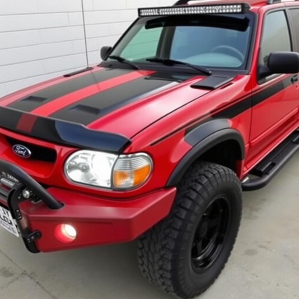 A 1999 Ford Explorer XLT in a striking red color, featuring bold black racing stripes