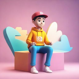 Create a compelling 3D illustration of a casually dressed boy sitting atop the Instagram logo. The background should resemble a profile page named 'VS EDITOR'. Achieve a seamless blend of the boy within the social media ambiance.