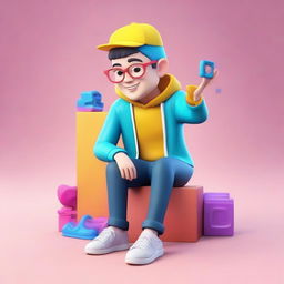 Create a compelling 3D illustration of a casually dressed boy sitting atop the Instagram logo. The background should resemble a profile page named 'VS EDITOR'. Achieve a seamless blend of the boy within the social media ambiance.