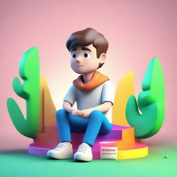 Create a compelling 3D illustration of a casually dressed boy sitting atop the Instagram logo. The background should resemble a profile page named 'VS EDITOR'. Achieve a seamless blend of the boy within the social media ambiance.