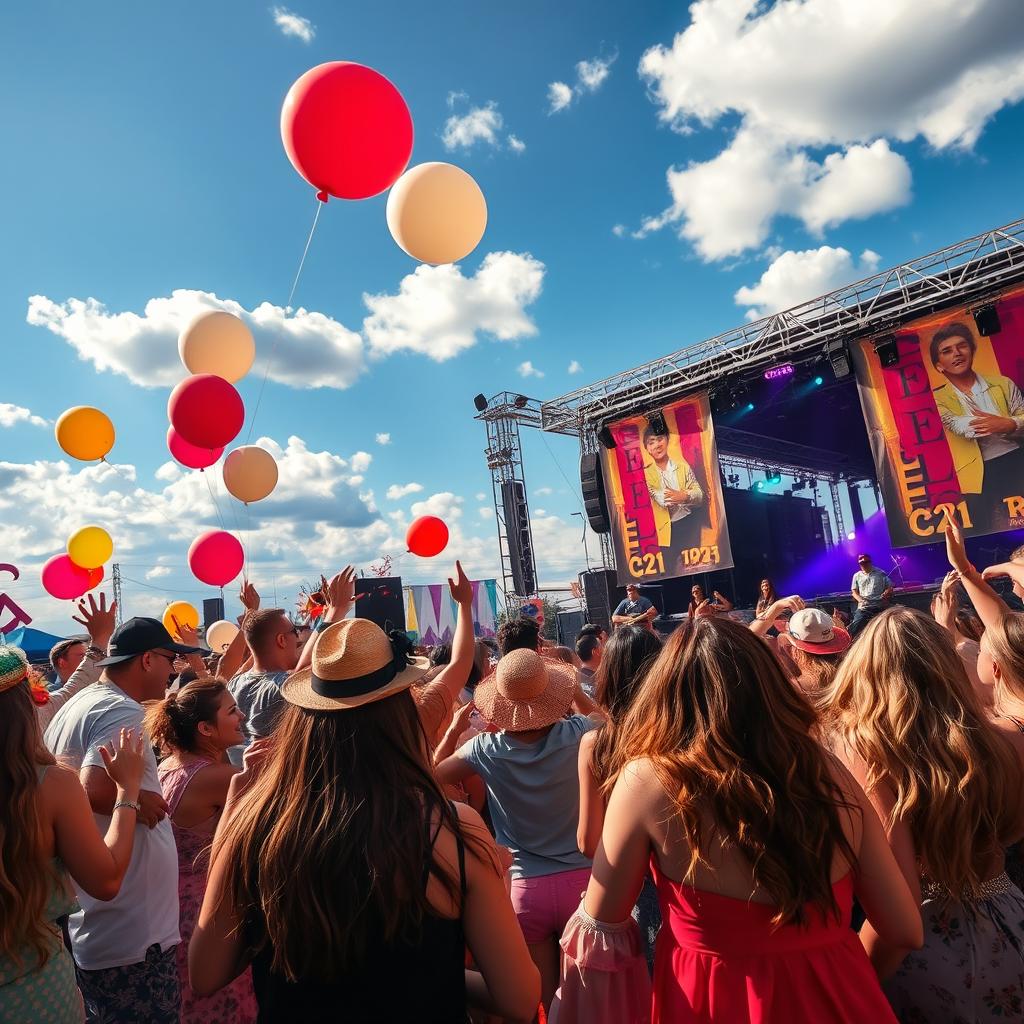 A vibrant scene capturing a lively group of people joyfully dancing at a music festival