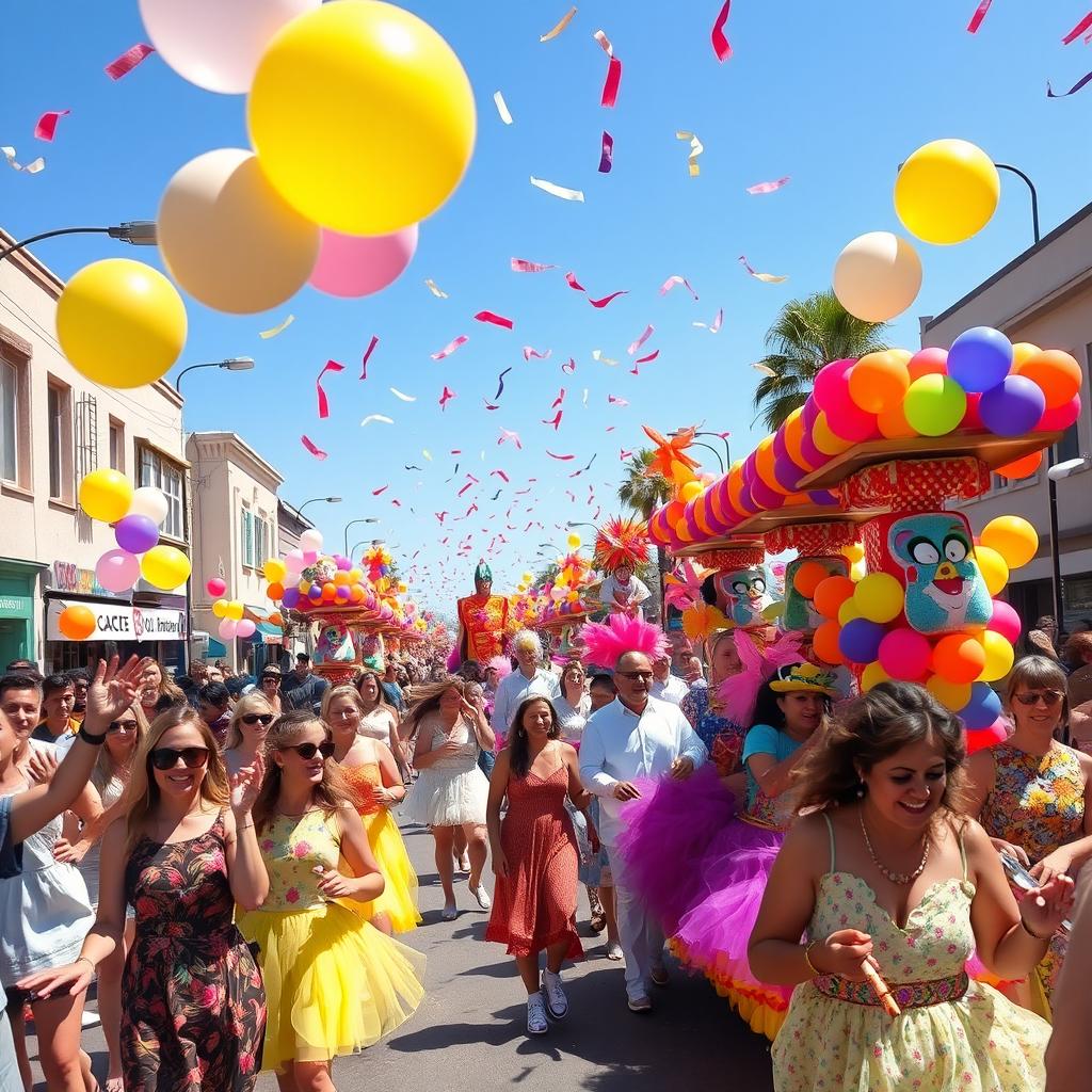 A vibrant and lively parade marching down a sunny street filled with colorful floats and costumed performers