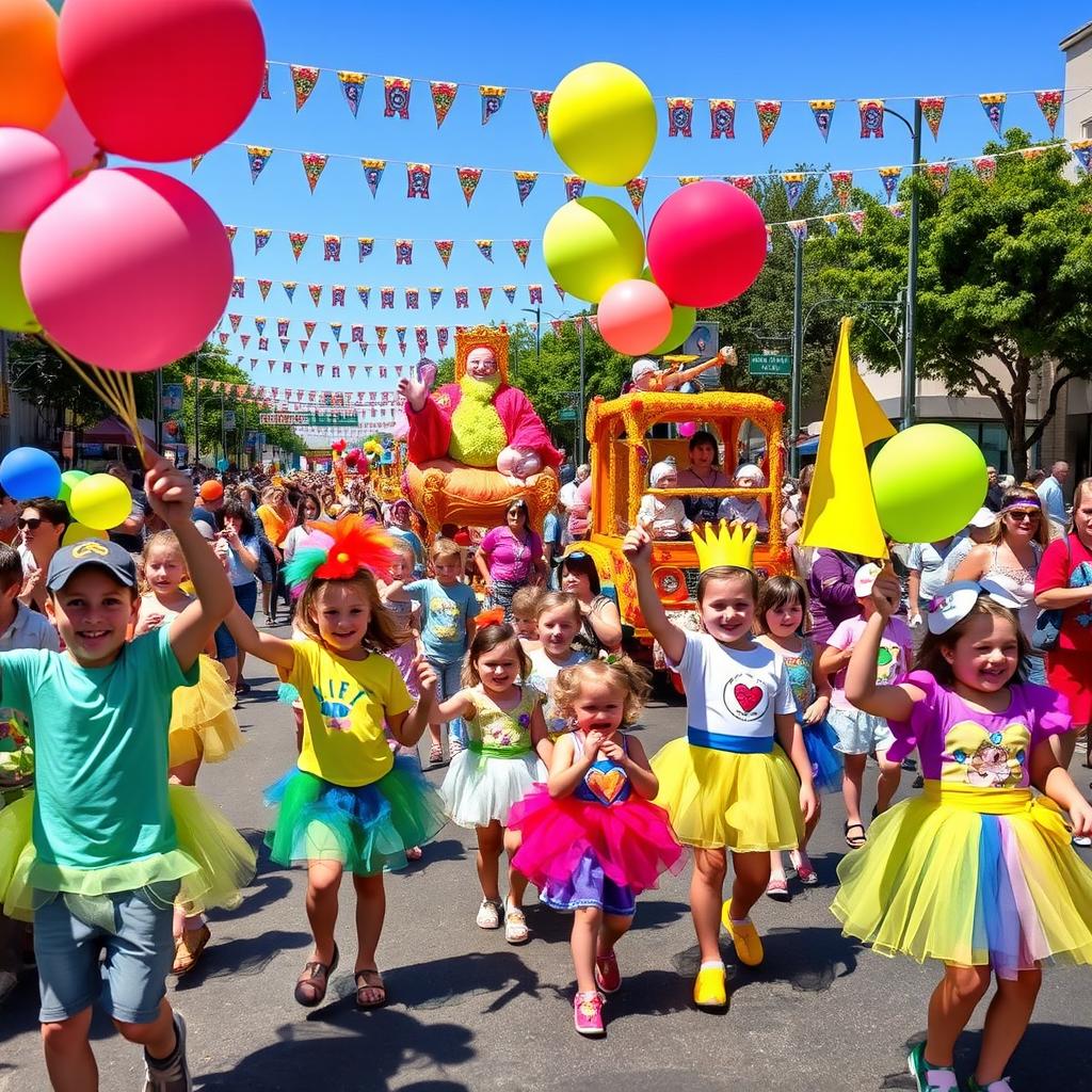 A vibrant and lively parade scene filled with colorful floats and cheerful participants marching down a sunny street