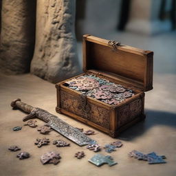 In the basement of an ancient castle, a treasure box filled with jigsaw puzzle pieces sits next to the legendary sword lodged in stone.