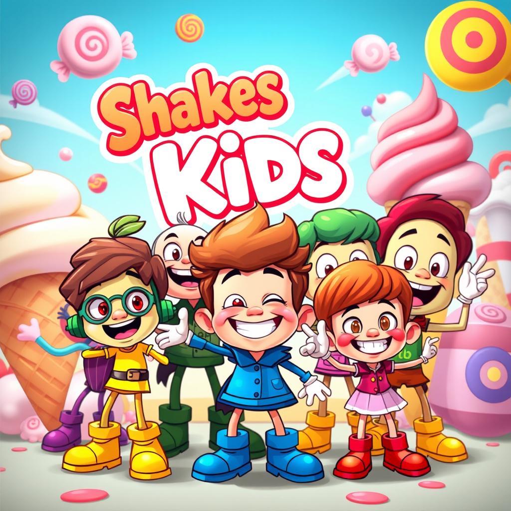A vibrant, playful scene featuring a group of animated, quirky cartoon characters called the 'Shakes Kids', each with a unique personality and design