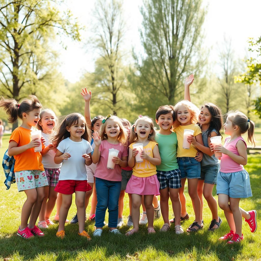 A lively and whimsical scene of kids joyfully gathering together, inspired by the playful theme of 'shakes'