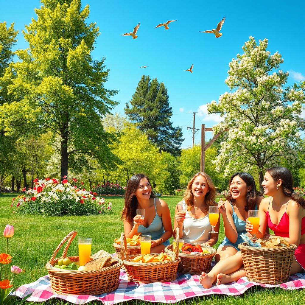 A vibrant, sunny day scene featuring a beautiful park filled with blooming flowers, tall green trees, and a clear blue sky