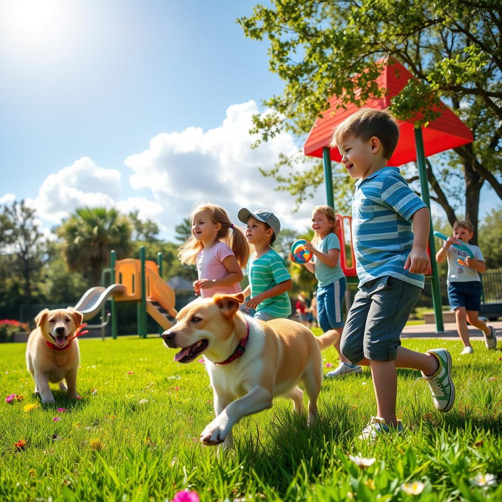 A sunny day at a park with bright green grass and colorful flowers