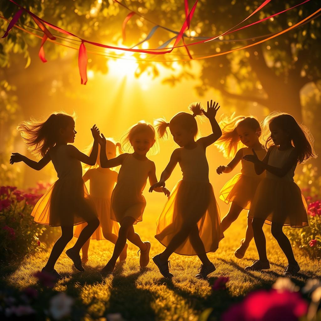 A vibrant scene capturing joyful dancing shadows of playful children, gracefully moving under a warm golden light, creating beautiful shapes and forms
