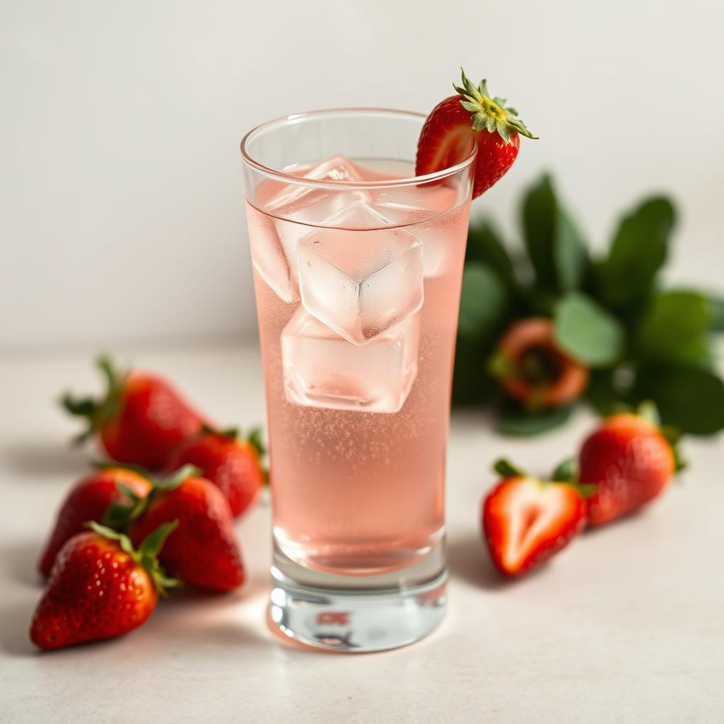 A stylish glass filled with three ice cubes and a translucent, pink, bubbly liquid