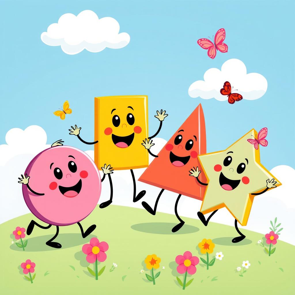A whimsical and colorful illustration featuring a circle, square, triangle, and star, all personified with cheerful faces and hands, engaged in a playful outdoor scene