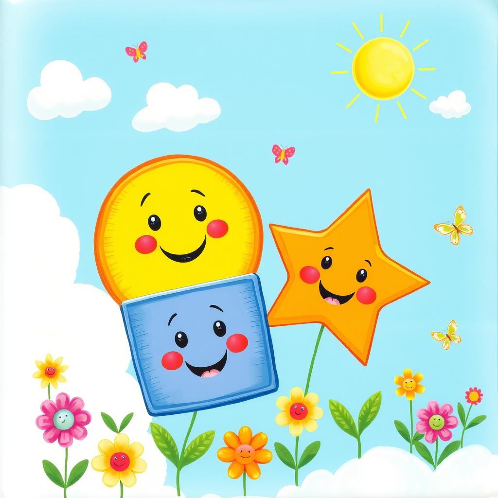 A vibrant and colorful illustration showcasing a circle, square, triangle, and star, each with friendly faces and unique personalities
