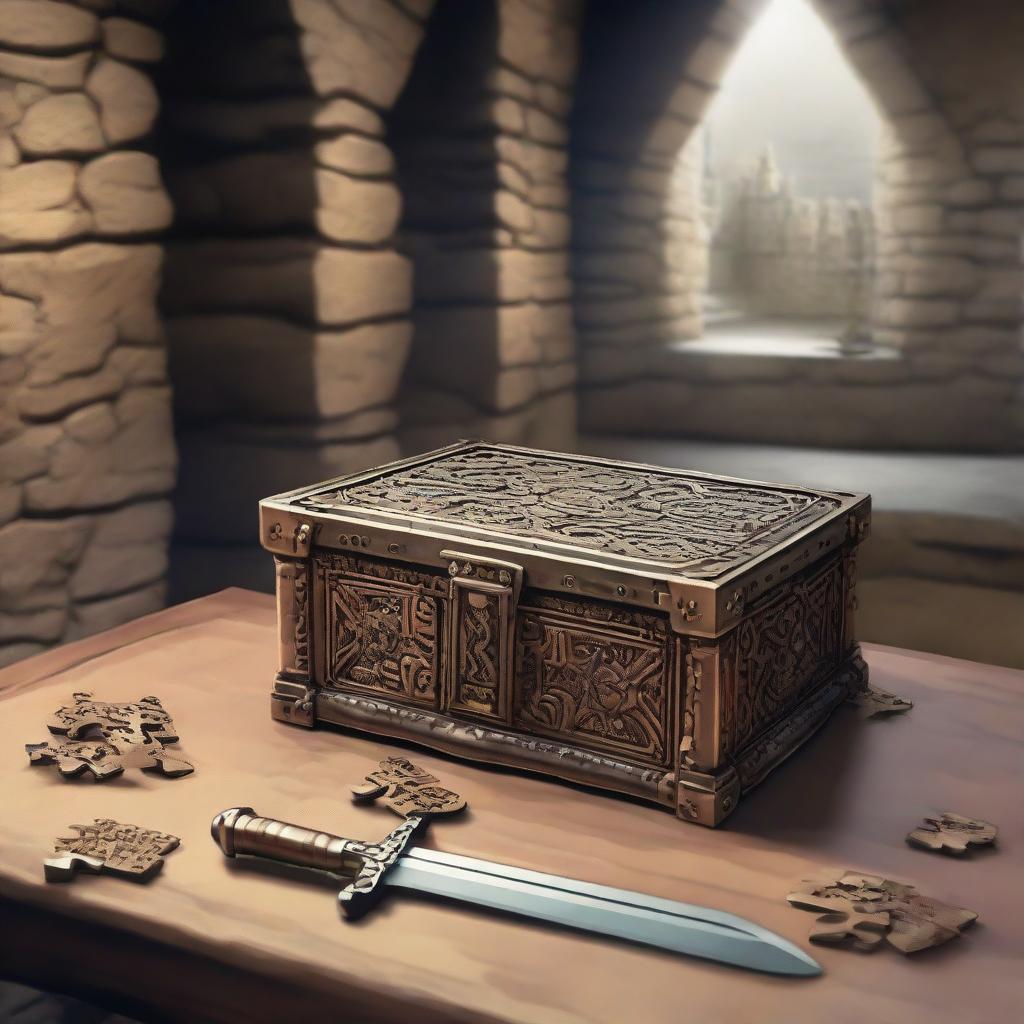 In the basement of an ancient castle, a treasure box filled with jigsaw puzzle pieces sits next to the legendary sword lodged in stone.