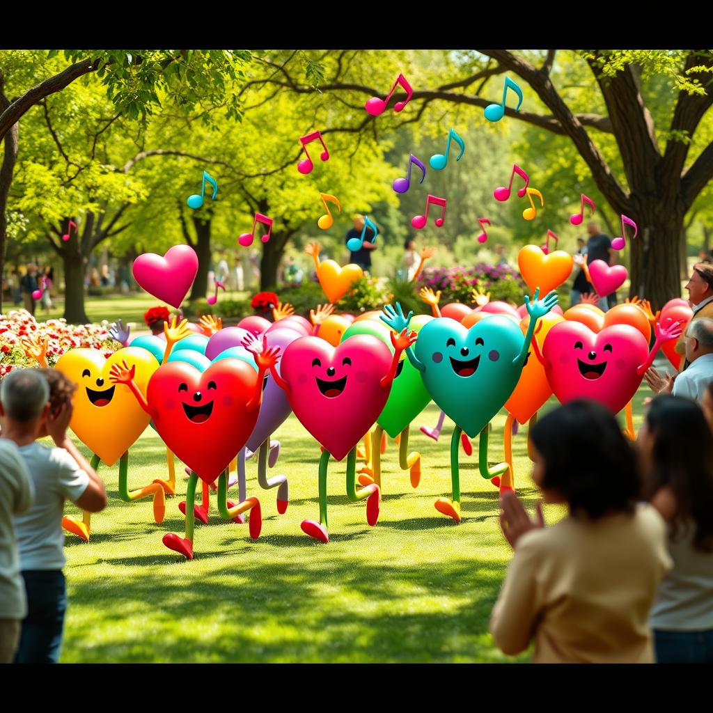 A vibrant and uplifting scene depicting a group of colorful hearts joyfully marching together