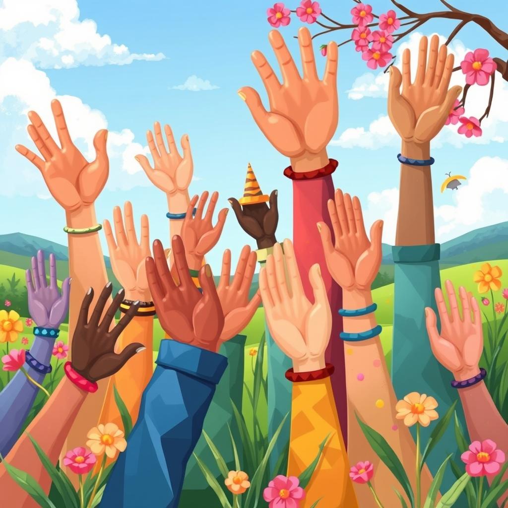 A whimsical and vibrant illustration of anthropomorphic hands having a lively gathering in a colorful setting