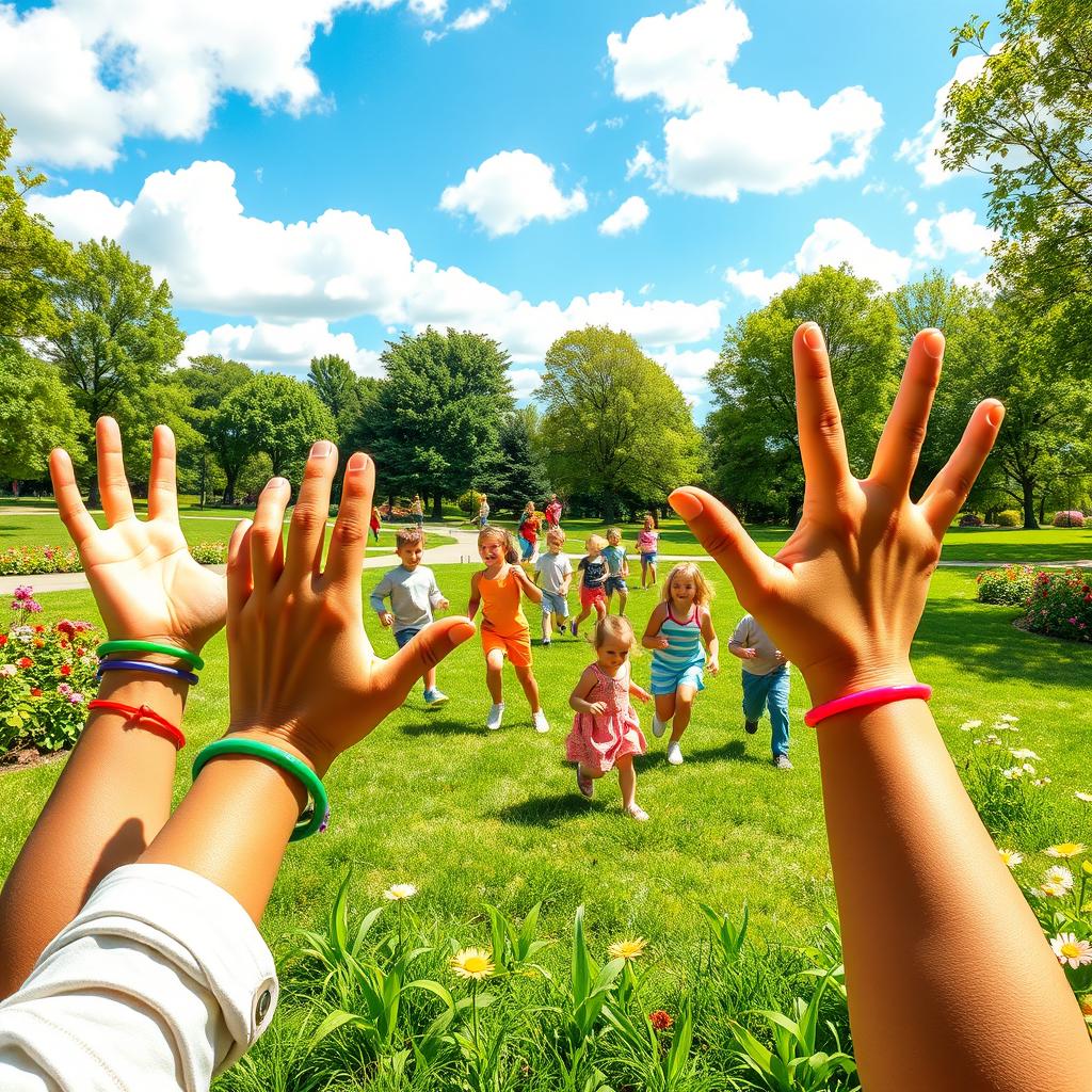 A colorful, lively scene depicting joyful anthropomorphic hands inviting children to join in a fun outdoor activity