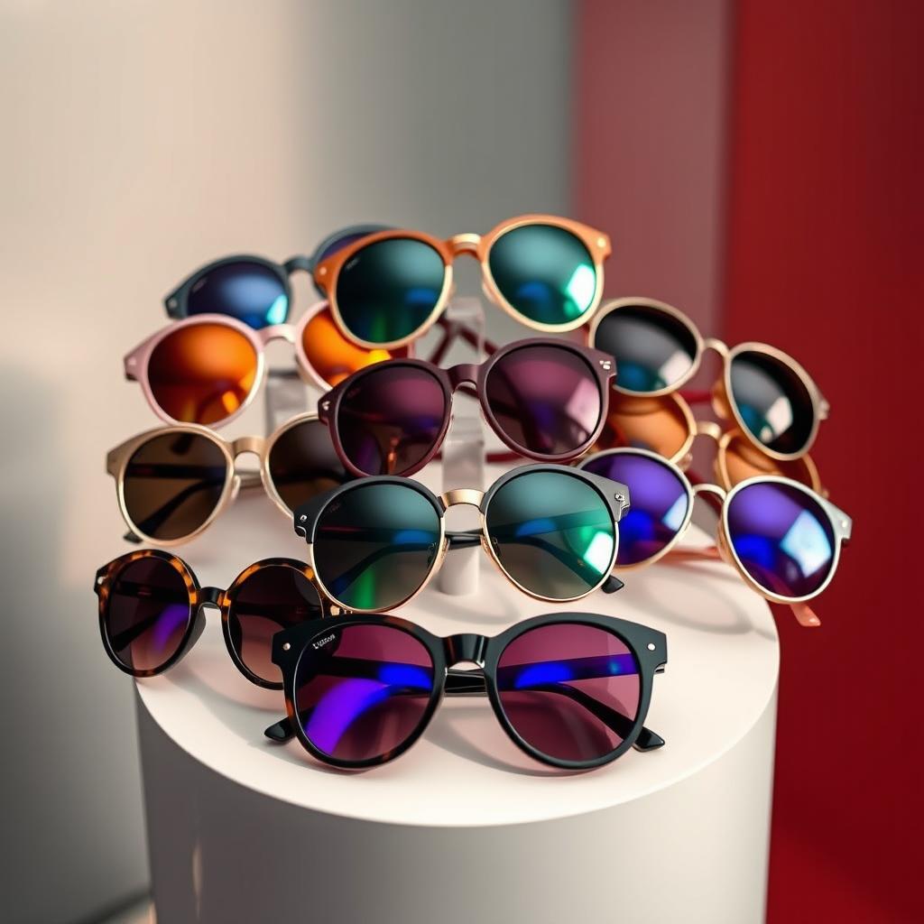 A stylish and artistic display of various sunglasses arranged creatively on a sleek pedestal