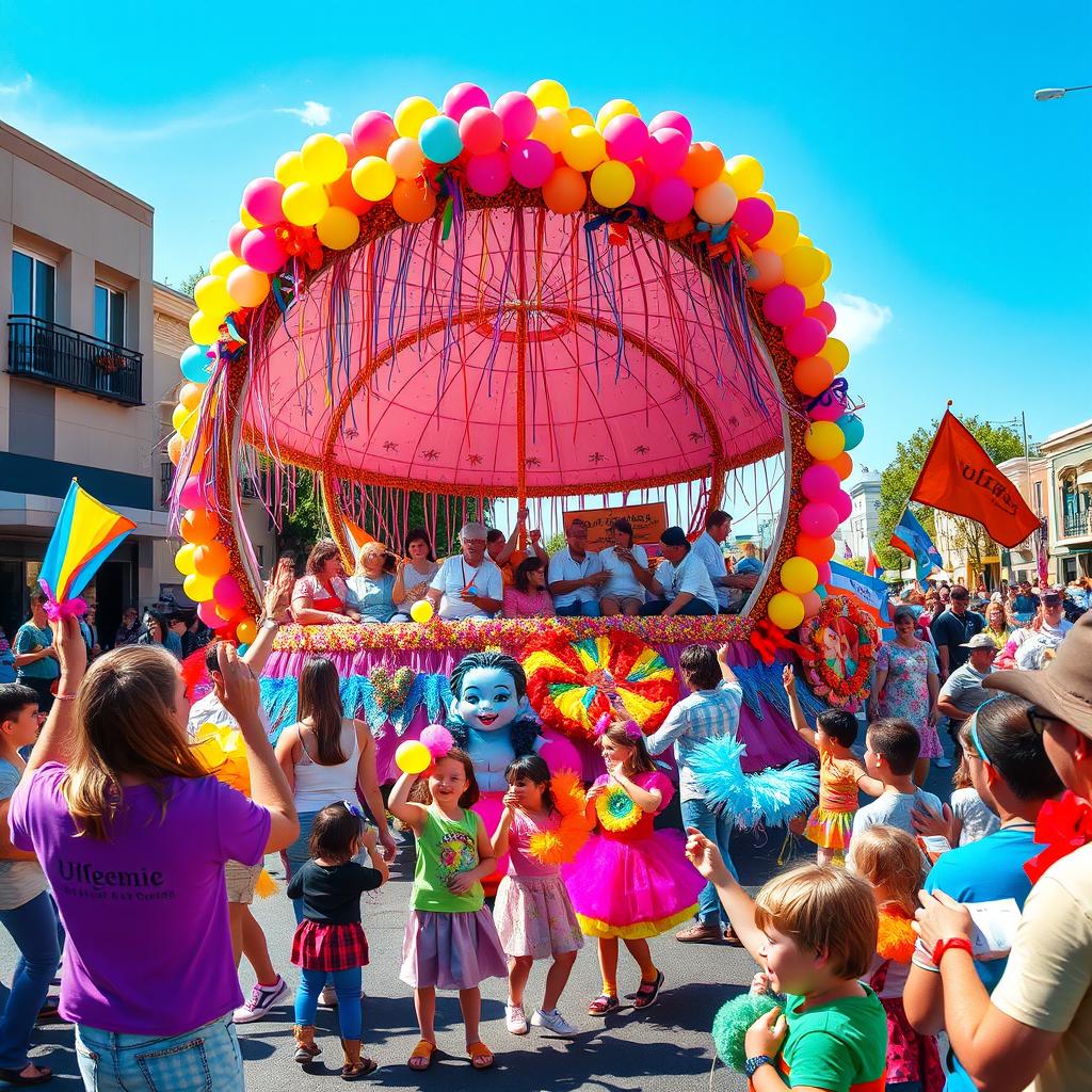 A vibrant and colorful parade scene featuring a large, cheerful circular float decorated with balloons, confetti, and streamers