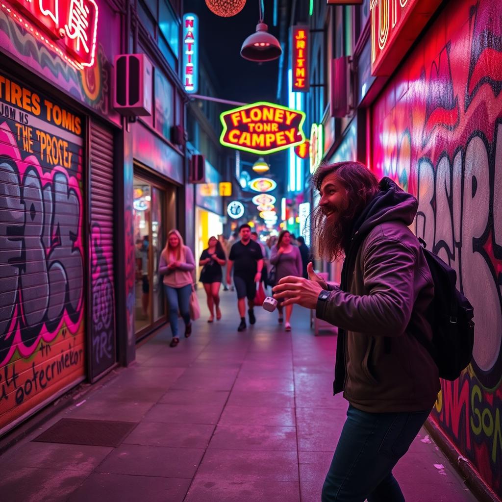 A dynamic street scene featuring a vibrant and lively atmosphere with neon lights and colorful graffiti on the walls