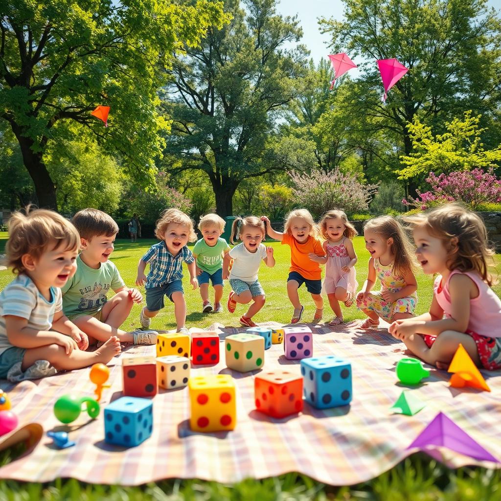 A playful and vibrant scene in a cheerful park filled with laughing children playing together