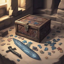 In the basement of an ancient castle, a treasure box filled with jigsaw puzzle pieces sits next to the legendary sword lodged in stone.