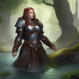 Amid meditative tranquility, a dwarven female kineticist, encased in her rugged heavy armor, is engulfed in an ambient, floating energy of nature, mirroring her deep-rooted connection with the elemental world.