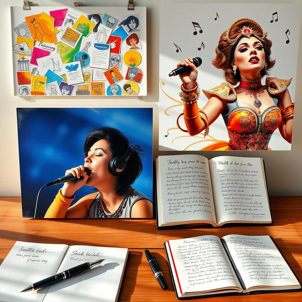 An artistic representation showcasing the four forms of artistic expression: 1) Drawings: a vivid collection of colorful sketches and illustrations displayed on a canvas, depicting various styles and themes