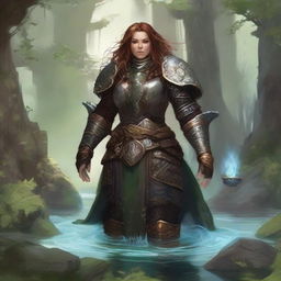 Amid meditative tranquility, a dwarven female kineticist, encased in her rugged heavy armor, is engulfed in an ambient, floating energy of nature, mirroring her deep-rooted connection with the elemental world.