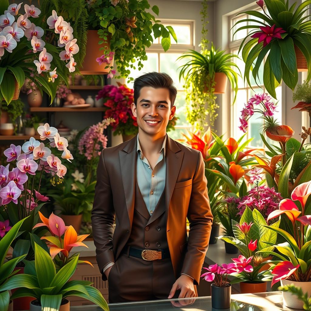 A handsome young man standing behind the counter of a floral shop, surrounded by an abundance of various plants, including blooming orchids, lush ferns, vibrant bromeliads, and luxurious anthuriums