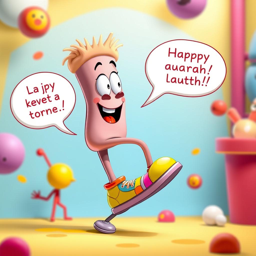 A whimsical and imaginative scene featuring a leg that is anthropomorphized and has a face, joyfully speaking as if engaging in a conversation