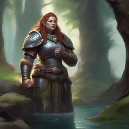 Amid meditative tranquility, a dwarven female kineticist, encased in her rugged heavy armor, is engulfed in an ambient, floating energy of nature, mirroring her deep-rooted connection with the elemental world.