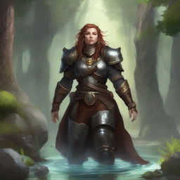 Amid meditative tranquility, a dwarven female kineticist, encased in her rugged heavy armor, is engulfed in an ambient, floating energy of nature, mirroring her deep-rooted connection with the elemental world.