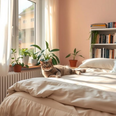 Cozy Bedroom Aesthetic: Cat Playfulness and Warm Lighting